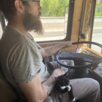 Zach sitting in the driver’s seat of the bus with a black and white cat on his lap, surrounded by dashboard details and a roadside view