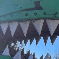 Sculptural close-up of a large green dinosaur or dragon head, forged from metal and painted with a bold green finish. Sharp, triangular white teeth jut out from its open mouth, giving it a dramatic and slightly menacing expression. The sky behind is bright blue with scattered trees, enhancing the creature’s theatrical presence—like it’s mid-roar in a roadside epic.