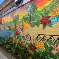 Vibrant mural on a brick wall in Columbia, South Carolina, featuring bright flowers, green foliage, and a black-outlined bicycle under a gradient sky that shifts from blue to sunset tones; includes wrought-iron patterns and subtle architectural details.