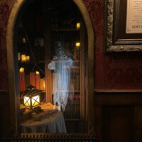 Ornate mirror reflecting a ghostly figure in a white gown floating near bookshelves, with candles suspended mid-air and red wallpaper in the background.