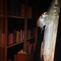 Ghostly figure in a tattered white gown reaching forward from a dark bookshelf, with pale face and disheveled hair lit by warm candlelight
