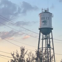 Holly Michigan water tower with green leaf logo and ‘1864’ text, photographed at sunrise with power lines and trees in foreground