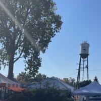 Community event tents and tall tree in foreground with Holly Michigan water tower visible in background under clear blue sky.