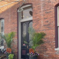 Downtown Holly Michigan brick building entrance with black door, transom window, and planters of palm plants and flowers, each marked with ‘OPEN’ sign.