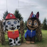 Two large hay sculptures designed to resemble Marshall and Chase from the animated series PAW Patrol stand on a grassy area. The figures are made from stacked and painted hay bales, with evergreen trees and corn stalk decorations in the background.