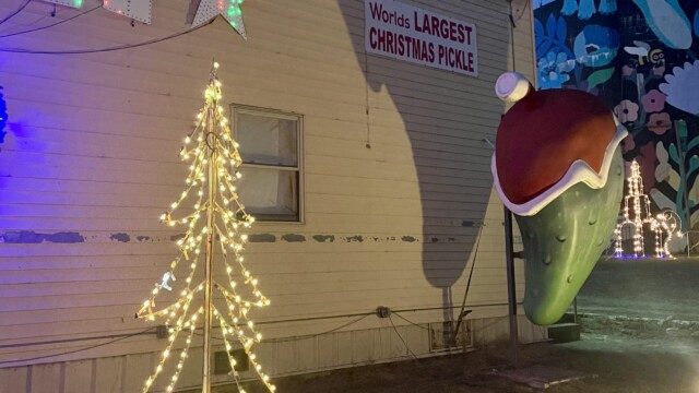 Large Christmas pickle statue wearing a Santa hat lit at night beside a glowing wire-frame Christmas tree and festive decorations in Fort Smith, Arkansas.
