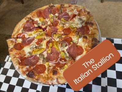 The Italian Stallion pizza with pepperoni, sausage, and banana peppers at Flashback Pizza & Milkshakes in Rogers, Arkansas