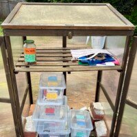 The interior of a community free goods sharing box in Charlotte, NC, with its doors open to reveal the contents. The upper shelf holds a labeled jar of dog treats, a measuring cup, fabric tote bags, and loose papers. The lower shelf contains several clear plastic bins with handwritten colored labels, including categories for stationery and crafts, toys, books, and seeds, all stacked and organized on brick risers.
