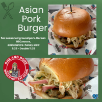 Asian Pork Burger from Pinky's Westside Grill in Charlotte, NC — a 5oz seasoned ground pork patty with Korean BBQ sauce and cilantro-honey slaw on a brioche bun, priced at $9.25. Top image shows the full burger from the side. Bottom image is a close-up showing the slaw, pickled onions, and pork patty in detail. This one earned a One and Done Would Not Eat Again badge for this one.