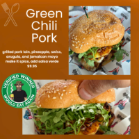 Green Chili Pork burger from Pinky's Westside Grill in Charlotte, NC — grilled pork loin with pineapple, Swiss cheese, arugula, and Jamaican mayo on a sesame bun, priced at $9.95 with optional salsa verde. Top image shows the full burger from the side. Bottom image is a close-up of the burger being held, showing the layers of pineapple, arugula, and pork loin in detail. Zach gave this a Verified Winner Would Eat Again badge.