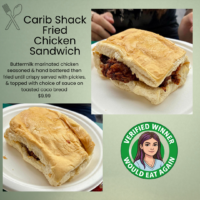 Food card showing the Carib Shack Fried Chicken Sandwich on coco bread and CarriAnna’s would-eat-again verdict.