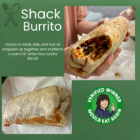 Food card showing Mason’s oversized Shack Burrito cut open to reveal its filling and his would-eat-again verdict.