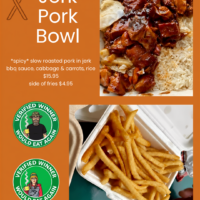 Food card showing Carib Shack’s Jerk Pork Bowl with sauced pork, cabbage, carrots, white rice, and a side of fries.