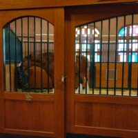 Two Budweiser Clydesdales standing in their stalls at Anheuser-Busch, viewed through stable doors with colorful stained glass windows behind them.