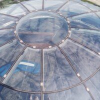 Looking straight up at the geodesic top of Buckminster Fuller's Fly's Eye Dome at Crystal Bridges Museum.