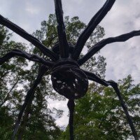 Close-up looking up at the egg sac of Louise Bourgeois's Maman spider sculpture, showing the marble eggs inside.
