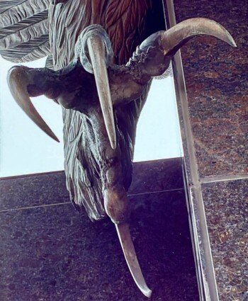 Close-up of the World's Largest Bronze Falcon's talons and claws outside the Stroh Center at Bowling Green State University