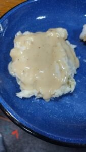 Mashed potatoes topped with Cajun gravy on a blue speckled camping plate.